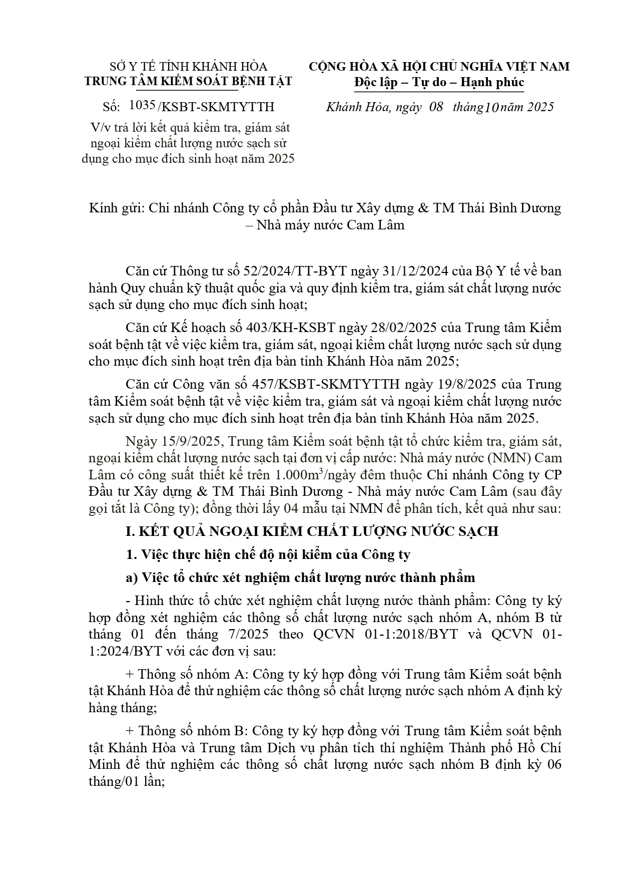 V/v trả lời kết quả kiểm tra, giám sát ngoại kiểm chất lượng nước sạch sử dụng cho mục đích sinh hoạt năm 2025